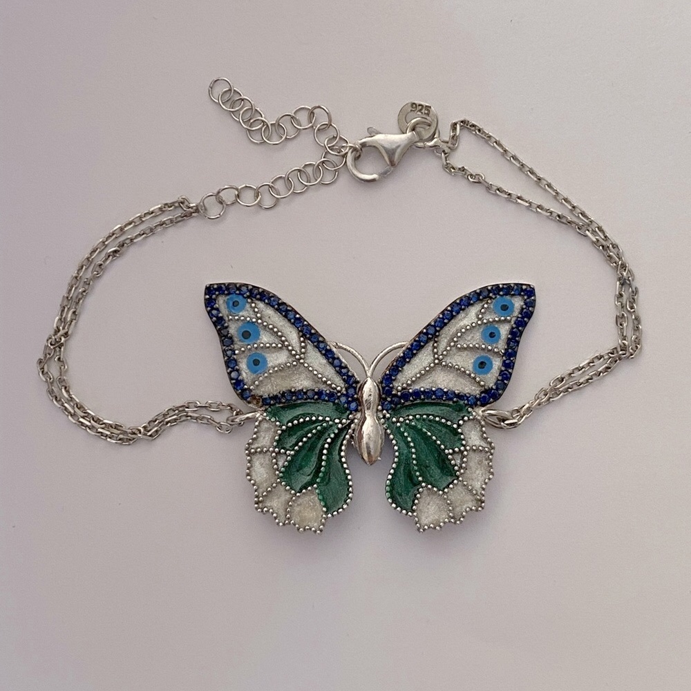 925 Silver butterfly bracelet hand made green enamel cz blue evileye handmade